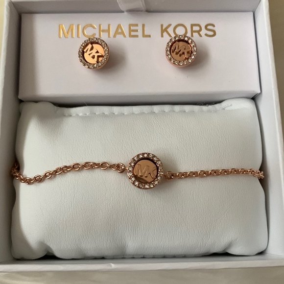MICHAEL KORS Logo Pave Stud Earrings and Slider Bracelet Rose Gold - Picture 2 of 2